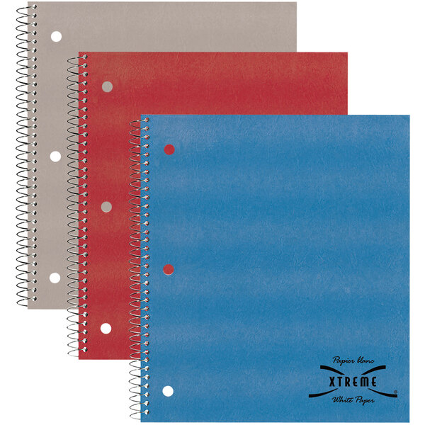 Three National College Rule notebooks with red, blue, and gray covers with spiral binding.