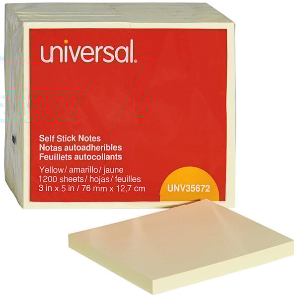 A close-up of a Universal yellow self-stick note pad.