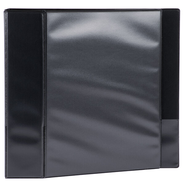 A black Universal Economy view binder with black straps.