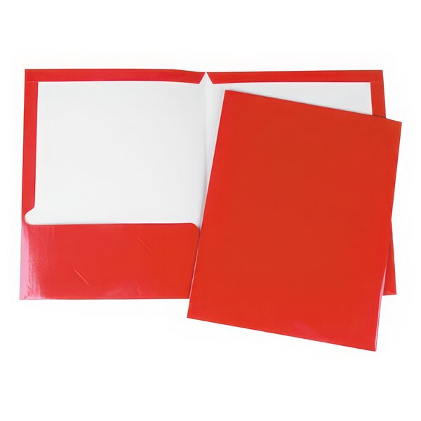 A red Universal letter size folder with white paper inside.