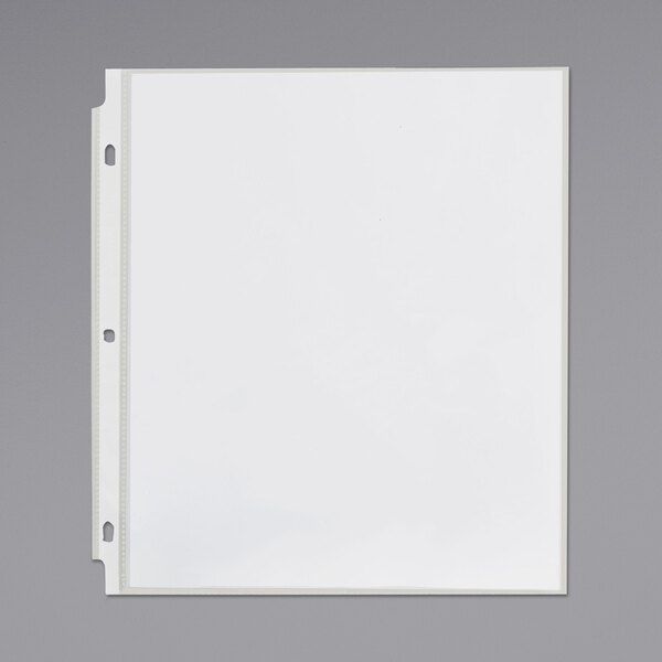A white sheet of paper in a clear file with holes.