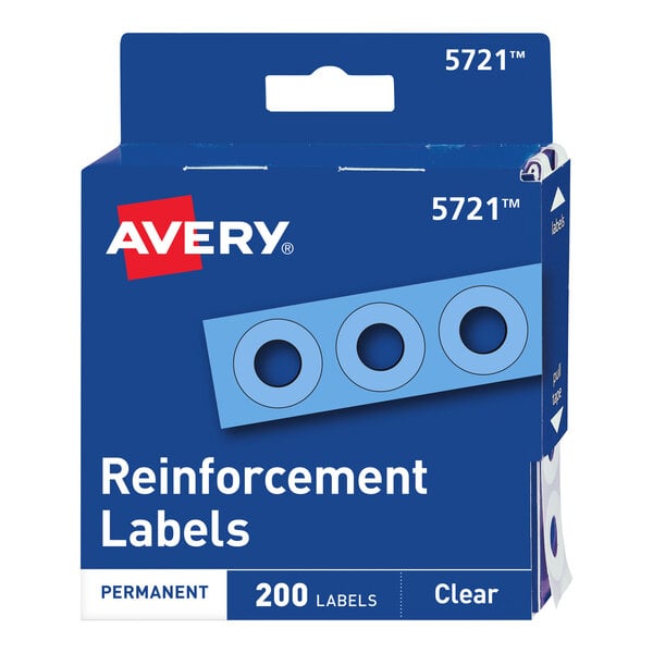 A blue package of Avery clear hole reinforcement labels with white text and blue circles.