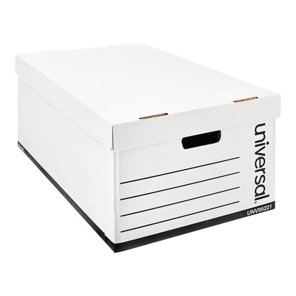 A white legal-sized fiberboard storage box with a lift-off lid and side handle openings.