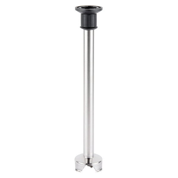 A stainless steel pole with a black handle.