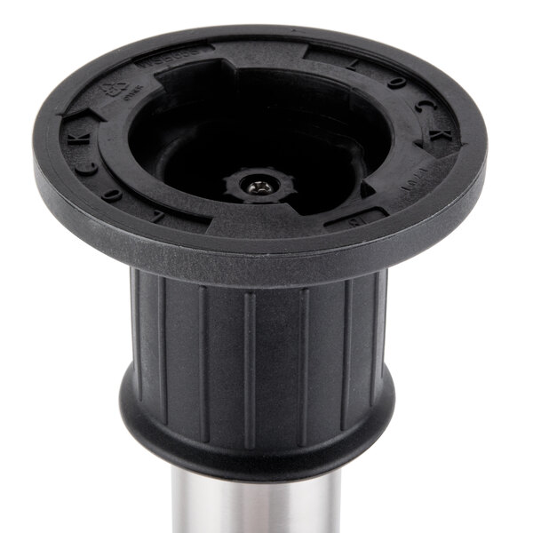 A black and silver stainless steel shaft with a screw.