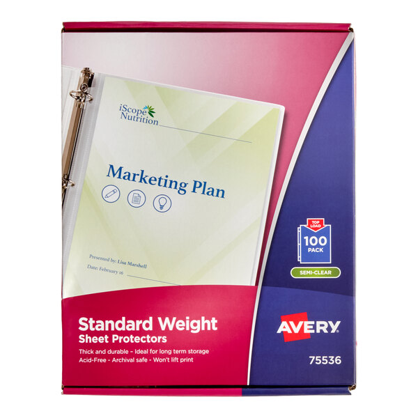 Avery® 75536 8 1/2" x 11" Semi-Clear Standard Weight Top-Load Sheet Protector, Letter - 100/Box