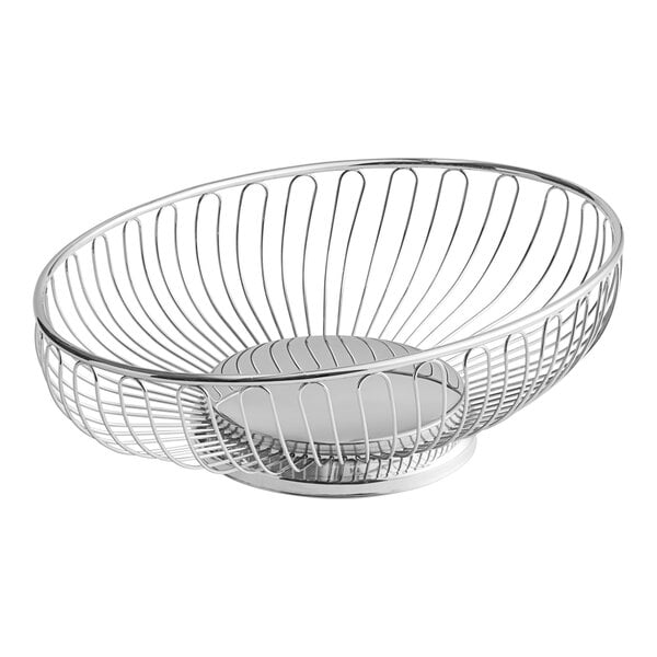 A Tablecraft oval chrome wire basket with a handle.