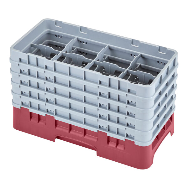 A red and gray Cambro plastic glass rack with six compartments.