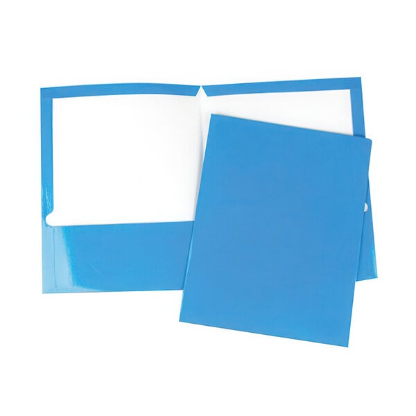 A blue Universal letter size laminated paper folder with 2 pockets.