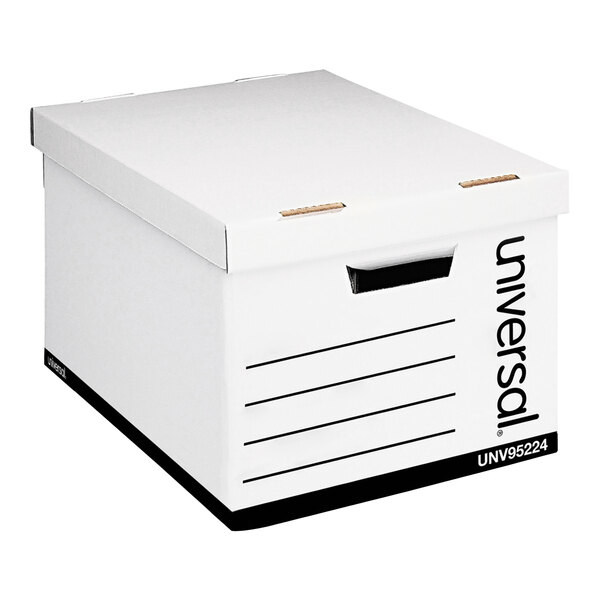 A white Universal heavy duty cardboard storage box with a lift-off lid and black text.