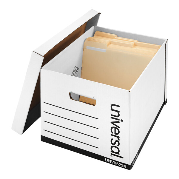 A white Universal heavy duty storage box with a lift-off lid.