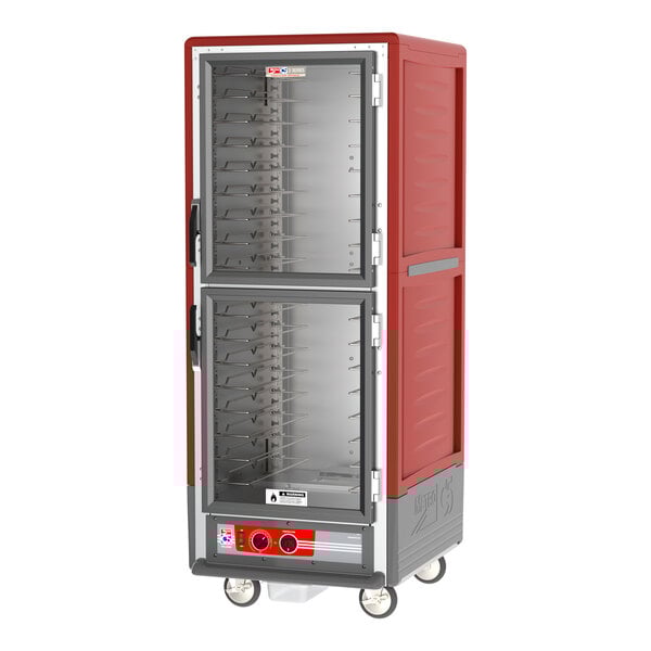 A red Metro C5 heated holding cabinet with white and clear doors.