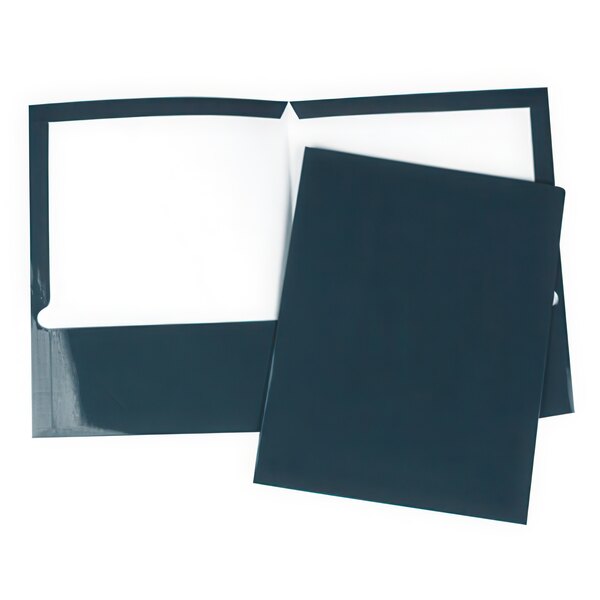 A navy blue Universal letter size pocket folder with white paper inside.