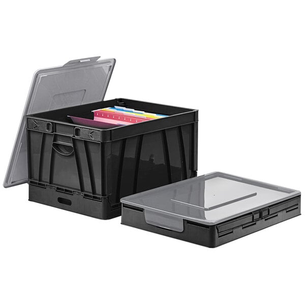A black plastic Universal collapsible crate with a lid open.