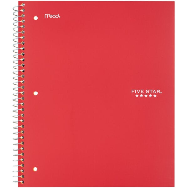 A red Five Star spiral notebook.