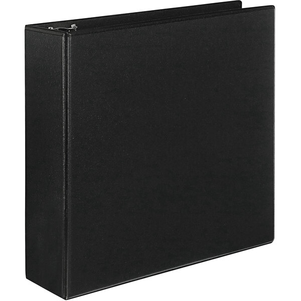 A black Universal economy view binder with metal rings.