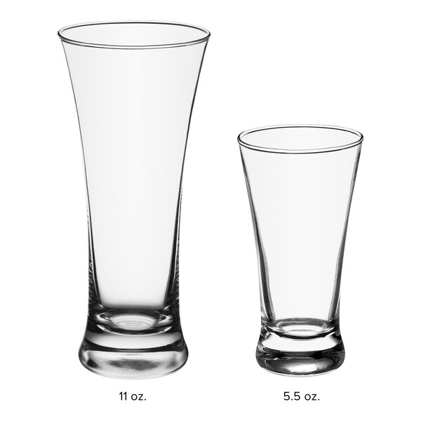 Acopa flared pilsner beer tasting glasses in two sizes on a white background.