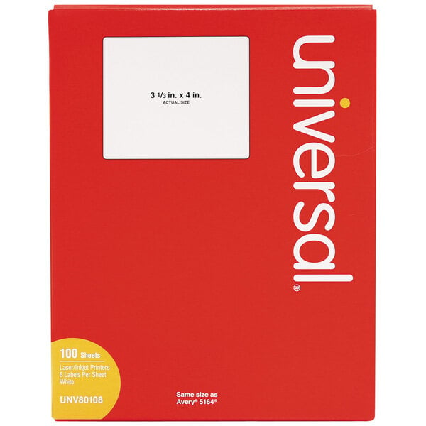 A red box of 100 white Universal UNV80108 labels.