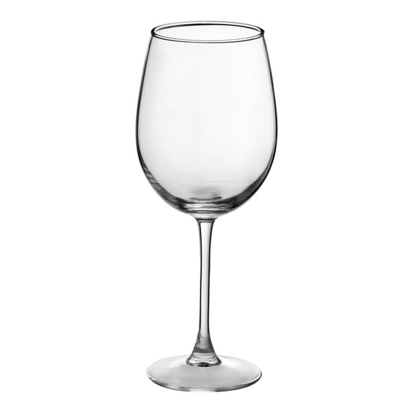 A clear 12 oz. wine glass with a long stem and rounded bowl.