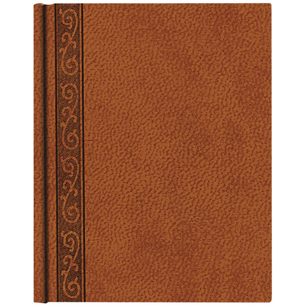 The brown leather cover of a Blueline Da Vinci notebook with a patterned border.
