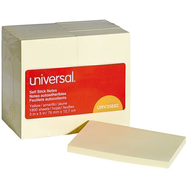 A white square Universal box of yellow self-stick notes.