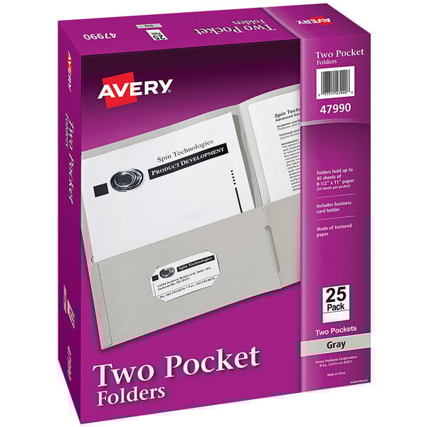 A purple box of 25 Avery gray paper folders with a white label.