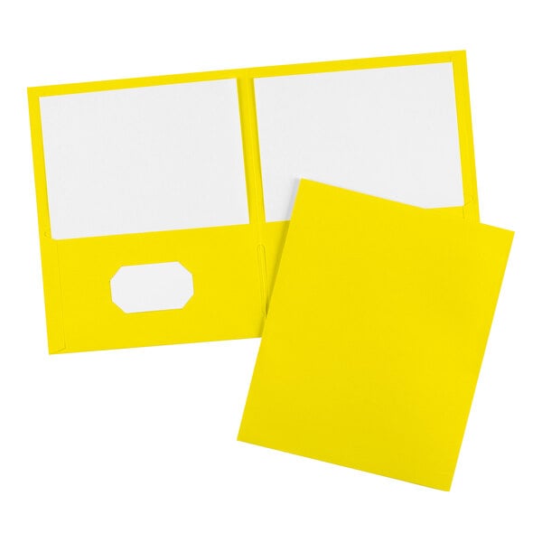 A yellow Avery 2-pocket folder with white paper inside.