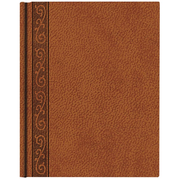 A brown leather book with a decorative border.