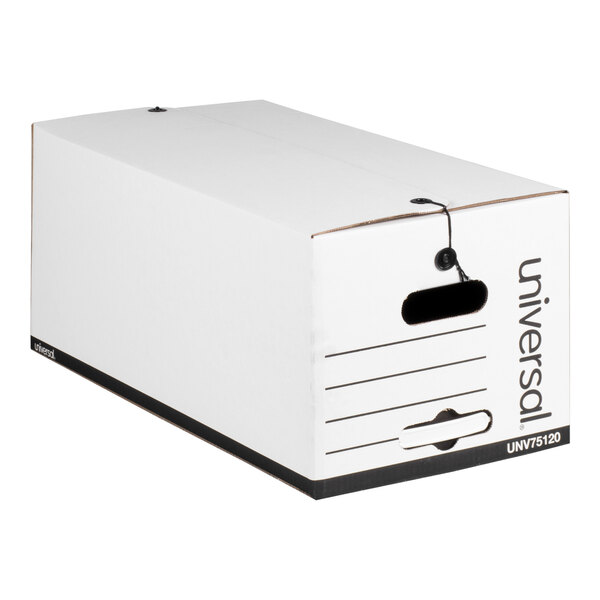 A white economy fiberboard storage box with tie closure and handle openings.