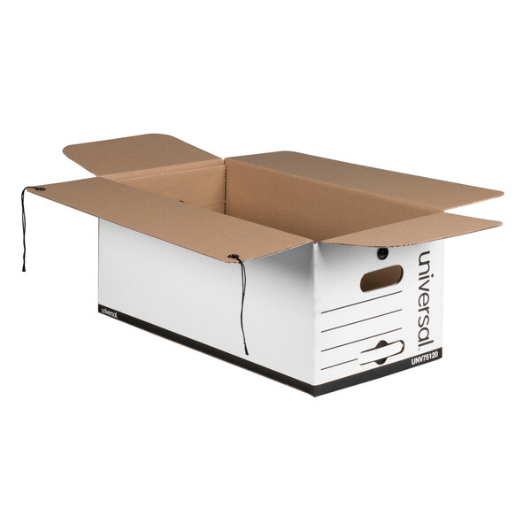 A white economy fiberboard storage box with tie closure and open flaps.