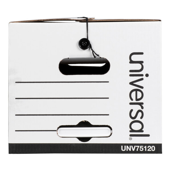 A white Universal economy fiberboard storage box with tie closure and handle cutouts.