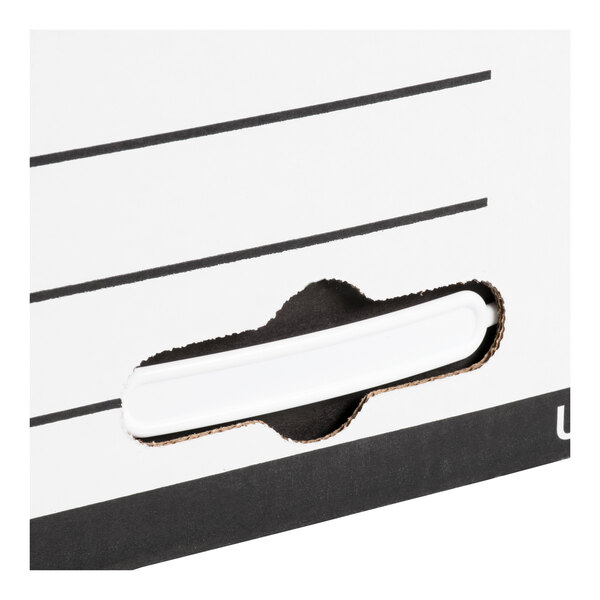 A white economy fiberboard storage box with a plastic handle and black lines for labeling.
