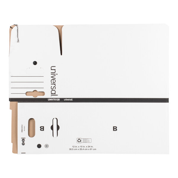 A white economy fiberboard storage box with tie closure, designed for document storage.