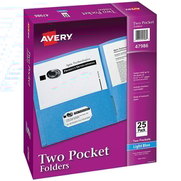 A box of 25 light blue Avery two-pocket folders.