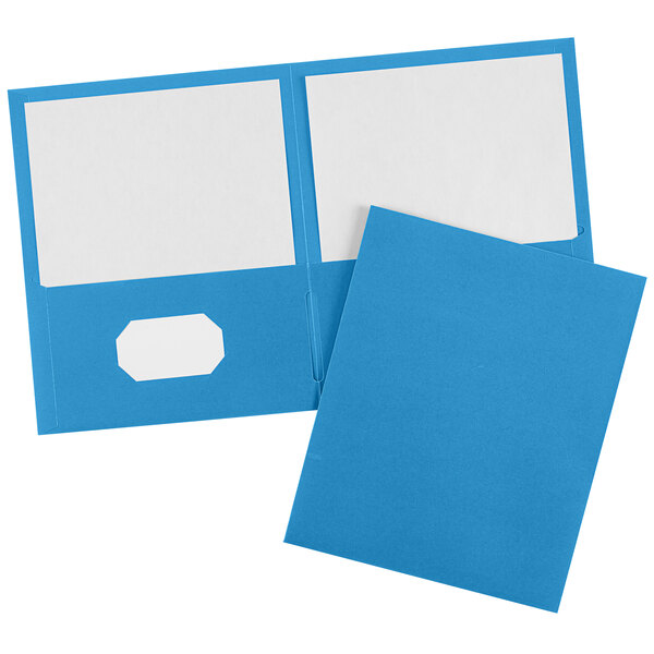 A blue folder with white paper inside.