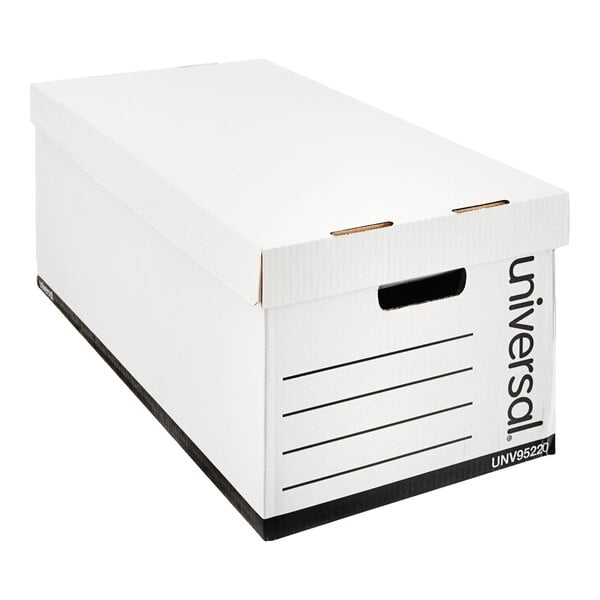 A white letter-sized fiberboard storage box with a lift-off lid and handle cutouts.