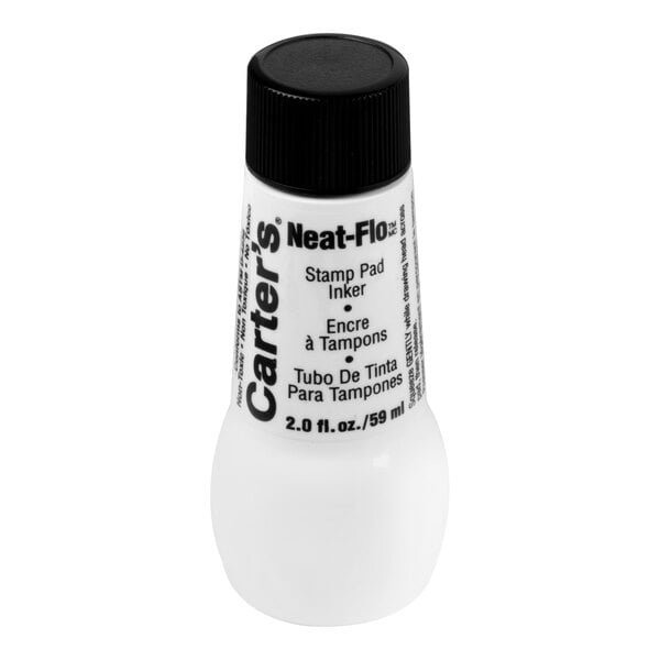 A white plastic bottle with a black cap and black text labeling it as Carter's Neat-Flo stamp pad inker, containing 2.0 fl. oz. (59 ml).