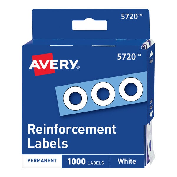 A blue box of Avery white hole reinforcement labels with white circles.