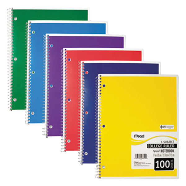 A group of Mead spiral notebooks in different colors.