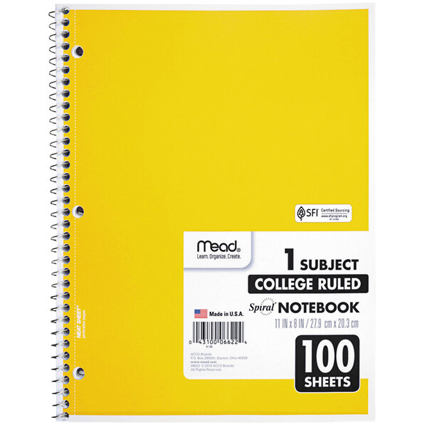 A yellow spiral bound college ruled notebook.