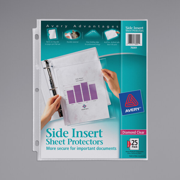 A hand inserting paper into an Avery Diamond Clear sheet protector.