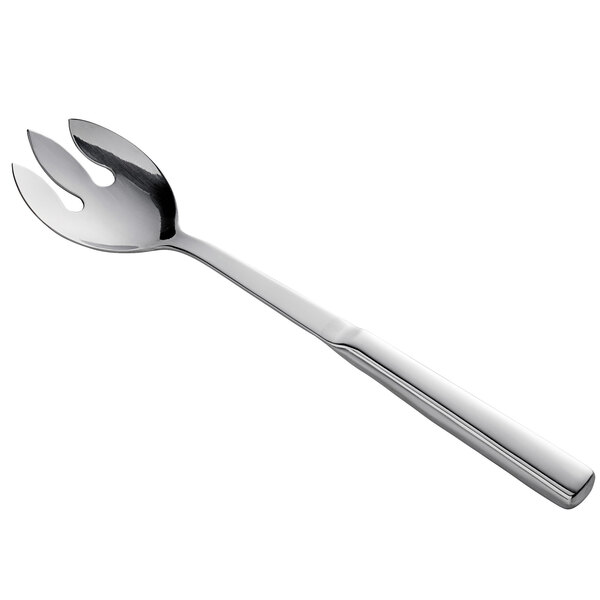A close-up of a Vollrath stainless steel notched serving spoon with a hollow handle.