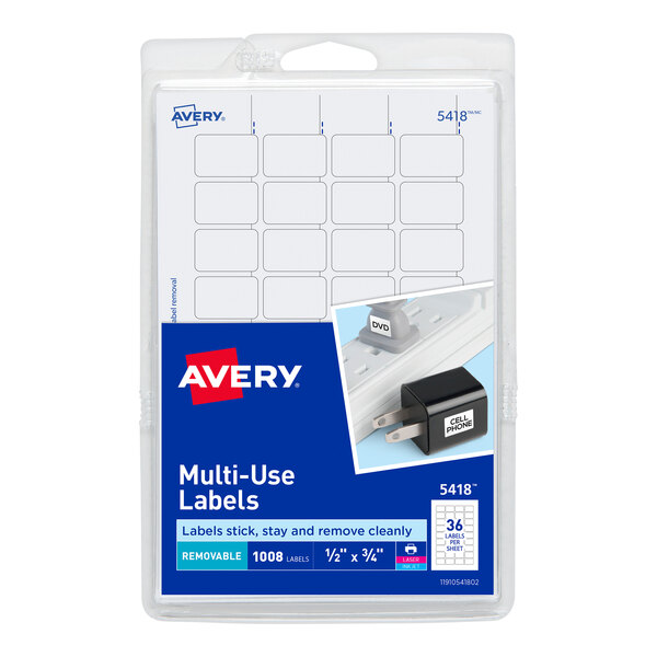 A package of white rectangular Avery multi-use labels.