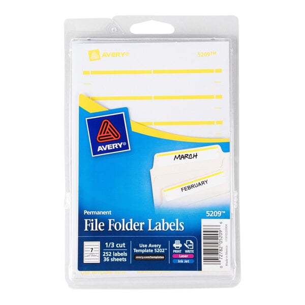 Avery® 05209 11/16" x 3 7/16" White / Yellow Rectangular Write-On / Printable 1/3 Cut File Folder Labels - 252/Pack