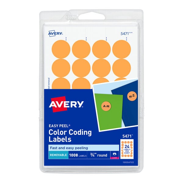 A white box of Avery round removable neon orange labels.