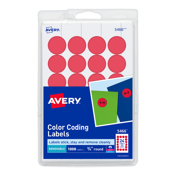 A pack of Avery red round labels with white packaging.