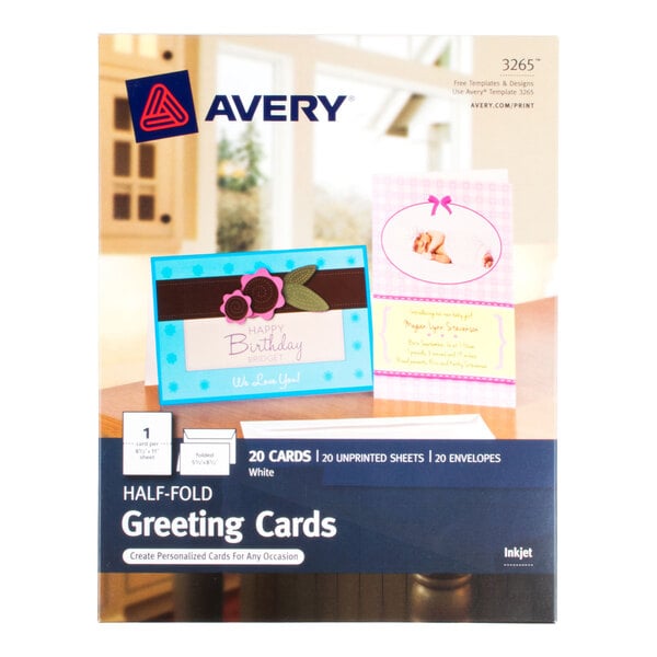 A package of Avery half-fold greeting cards with envelopes, featuring images of two sample greeting cards on the front.
