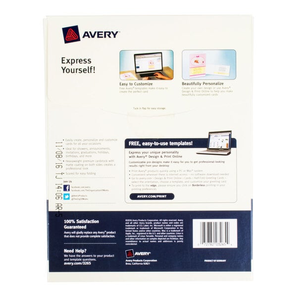 The image shows the back of an Avery product package, featuring instructions, product information, and a barcode.