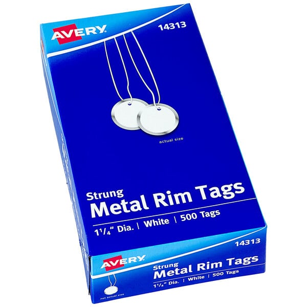 A blue box of 500 Avery white metal rim tags.