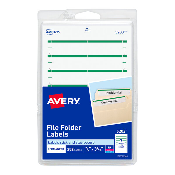 A package of Avery file folder labels with white rectangular labels and green borders.